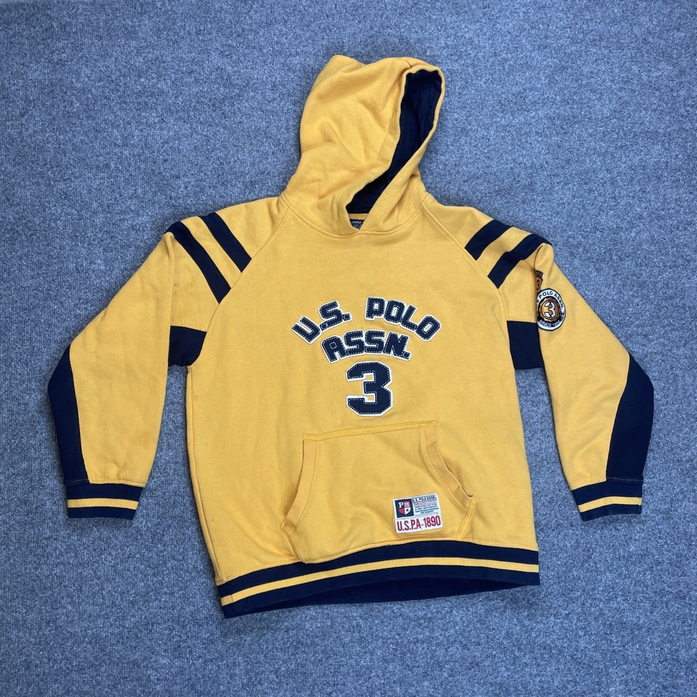 US Polo Assn Mens Yellow Navy Blue Pullover Hoodie Stripe Graphic Size Large